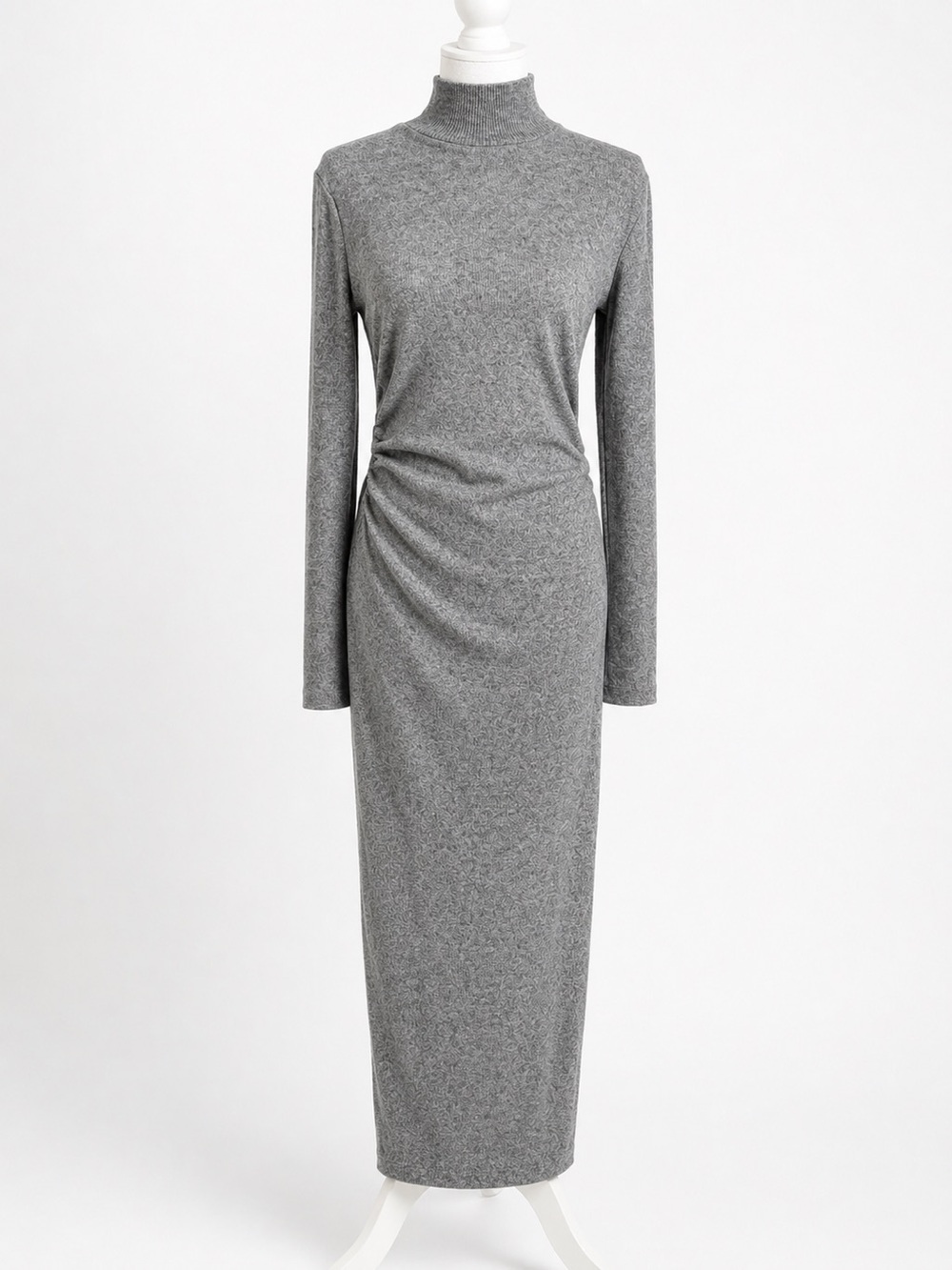Zara Gray Knit Mock Neck Ruched Maxi Dress Long Sleeve Size M